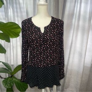 J Jill Floral Top Medium Black/Pink/White Peplum-Long Sleeve Top